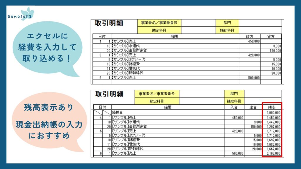 エクセルに入力して経費を取り込める
