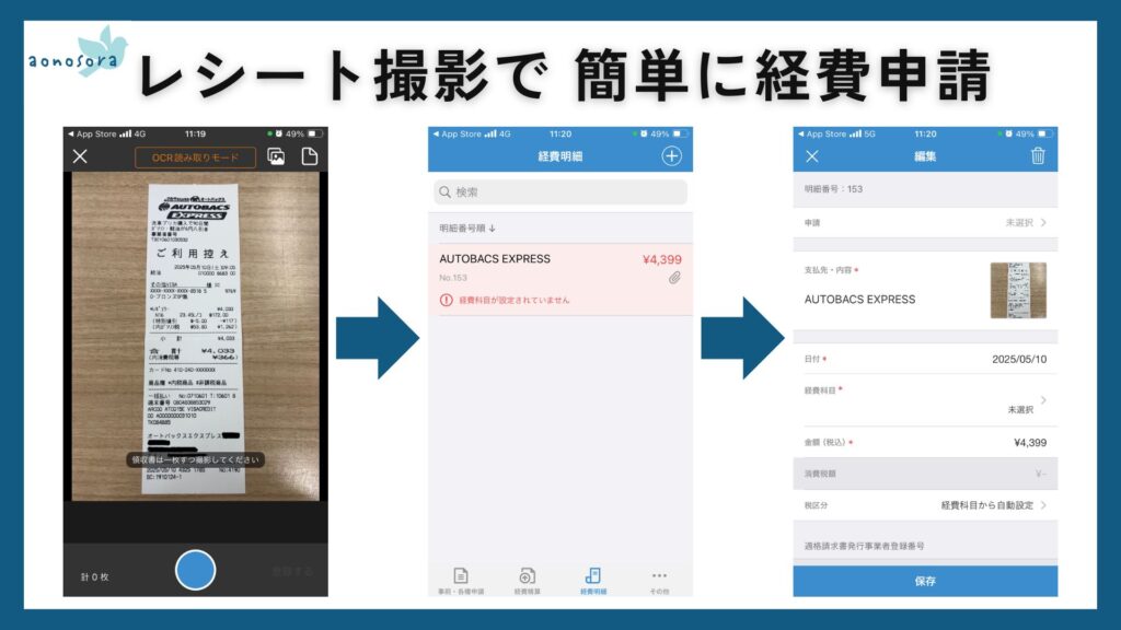 レシート撮影で簡単に経費申請